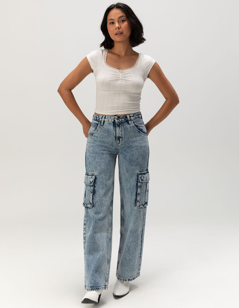 FULL TILT Texture Lace Trim Womens Crop Top image number 1