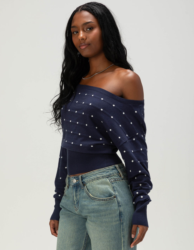 RSQ Womens Off The Shoulder Dot Banded Bottom Sweater image number 2