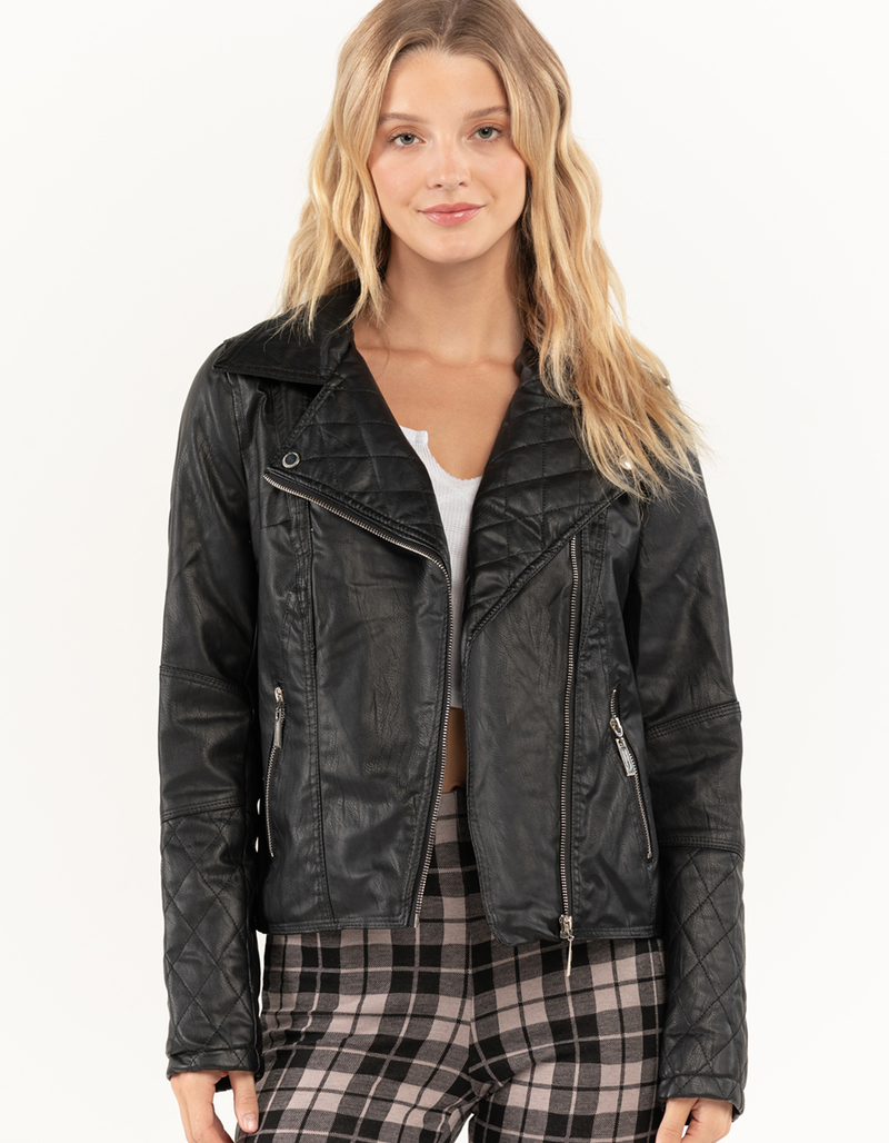JOU JOU Womens Quilt Faux Leather Moto Jacket image number 0
