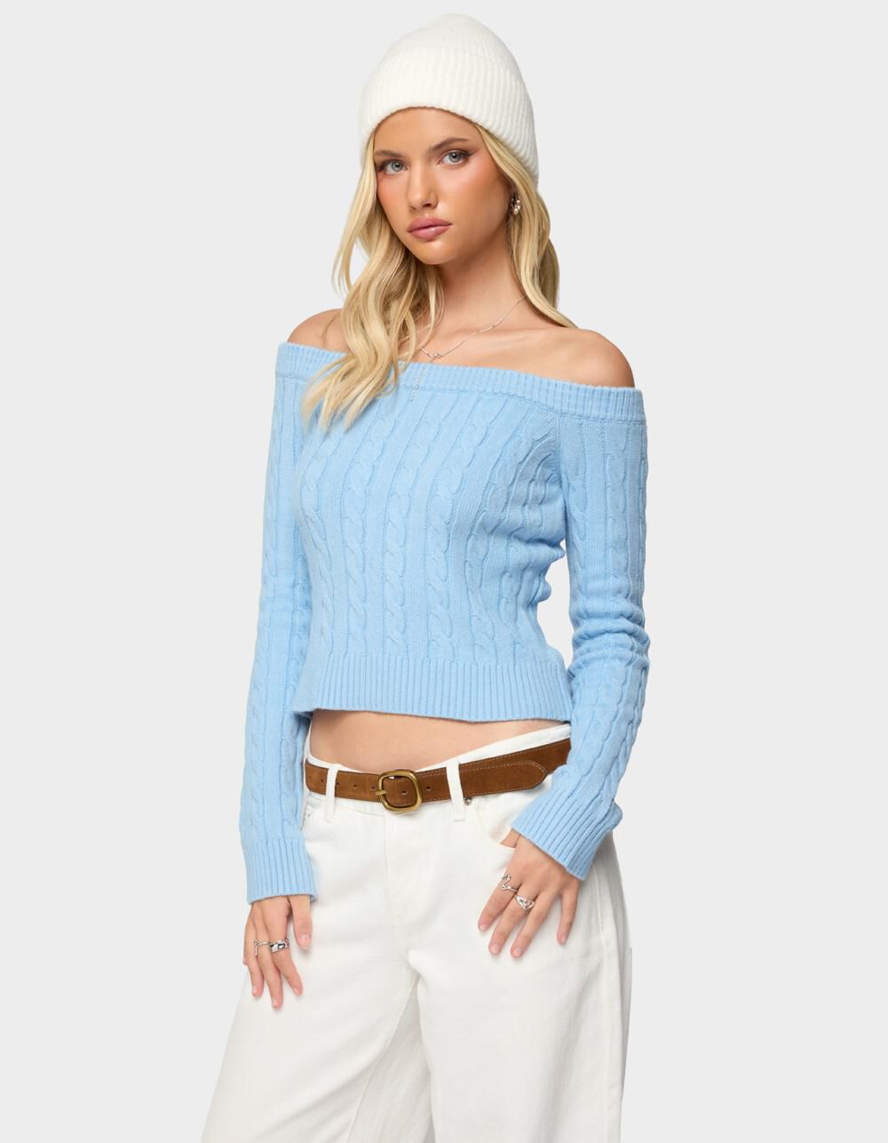 EDIKTED Taniza Off Shoulder Cable Knit Sweater - LIGHT BLUE - XS