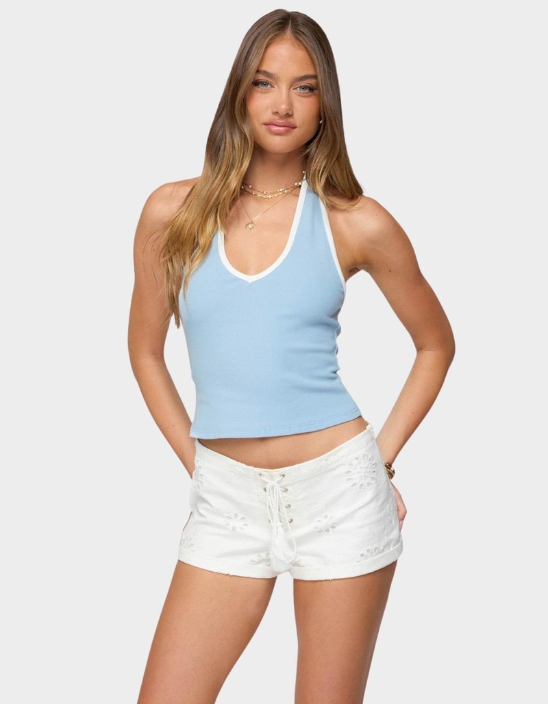 EDIKTED Contrast Ribbed V-Neck Halter Top image number 0