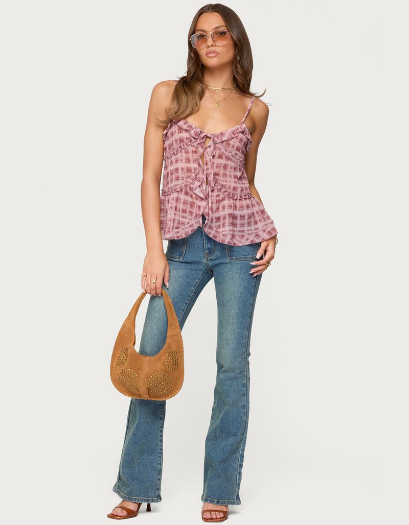 EDIKTED Chiffon Printed Tie Front Ruffle Top image number 4