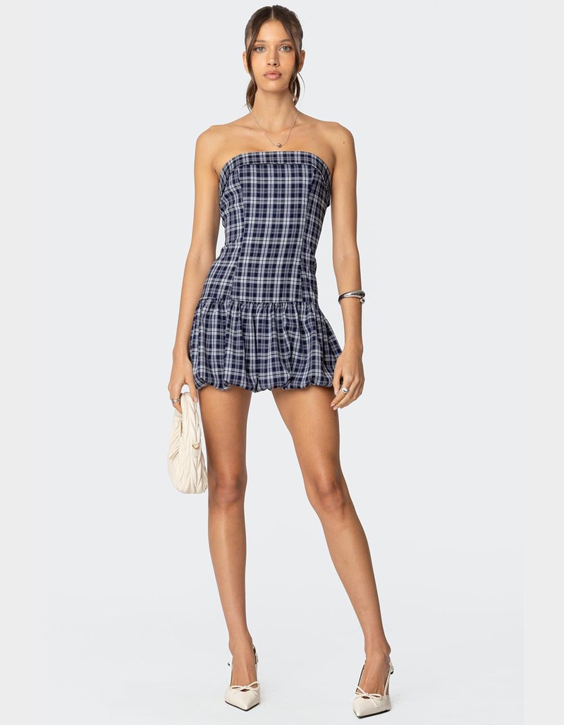 EDIKTED Plaid Strapless Bubble Mini Dress image number 0