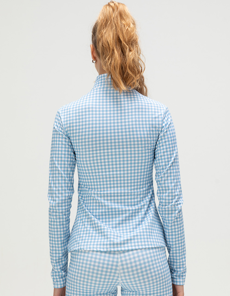 HAPPY CAMP3R Harper Sky Blue Gingham Womens Zip-Up Active Top image number 3