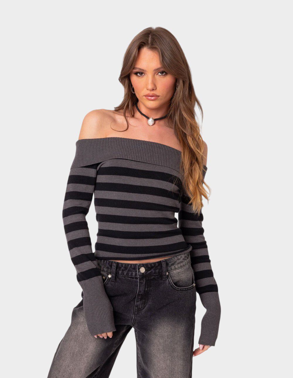 EDIKTED Melody Fold Over Striped Sweater - BLACK | Tillys