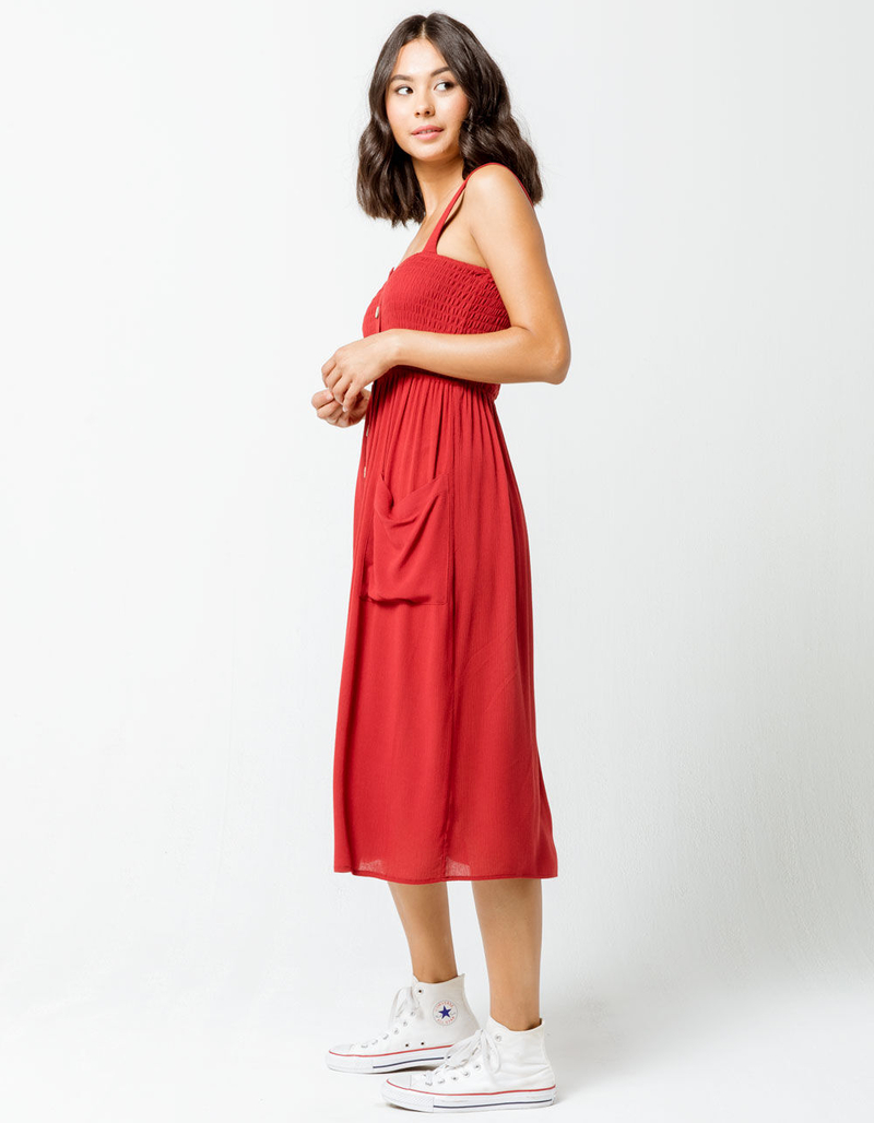 GOOD LUCK GEM Smock Button Front Burgundy Midi Dress image number 1