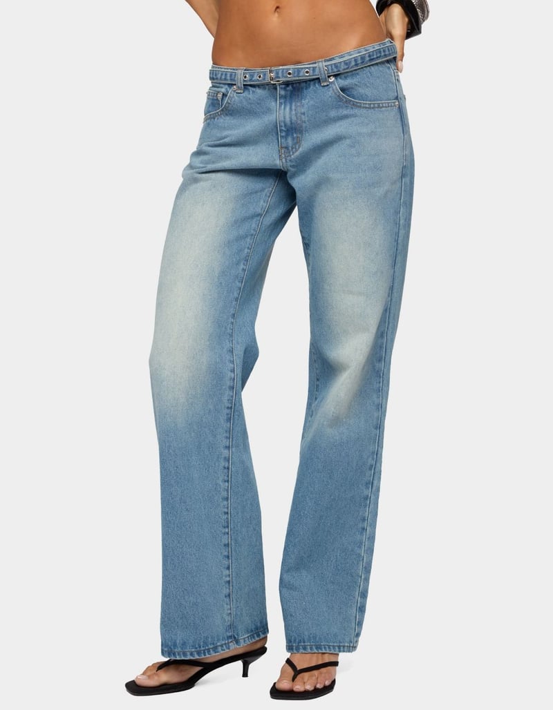 EDIKTED Belted Low Rise Straight Leg Jeans image number 0