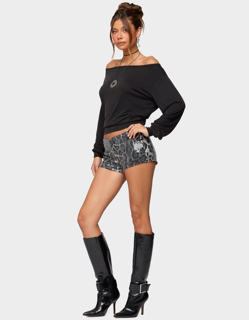EDIKTED Sequin Leopard Printed Micro Shorts image number 3