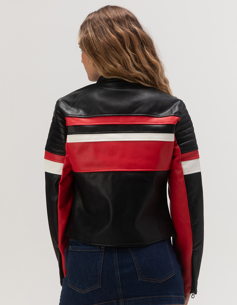 Racer Stripe Faux Leather Zip Up Jacket