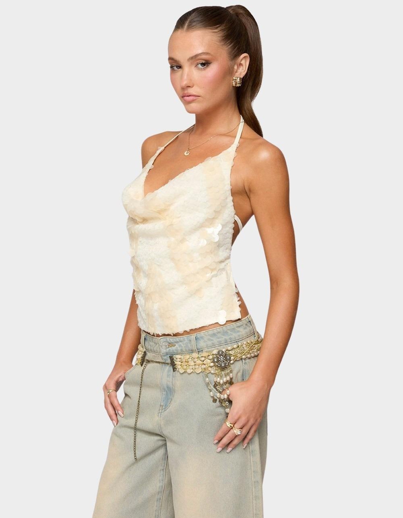 EDIKTED Reid Backless Sequin Cowl Neck Top image number 1