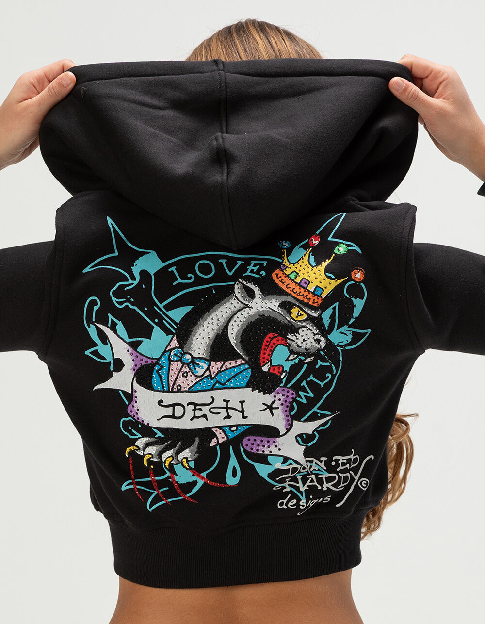 ED HARDY Ice Flower Womens Zip-Up Rhinestone Hoodie - BLACK | Tillys