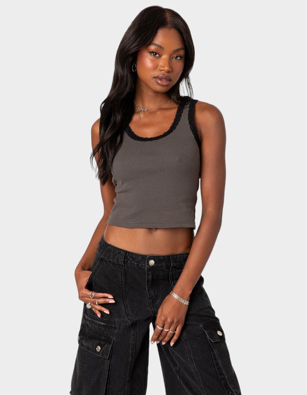 EDIKTED Alix Lacey Ribbed Tank Top - GRAY | Tillys