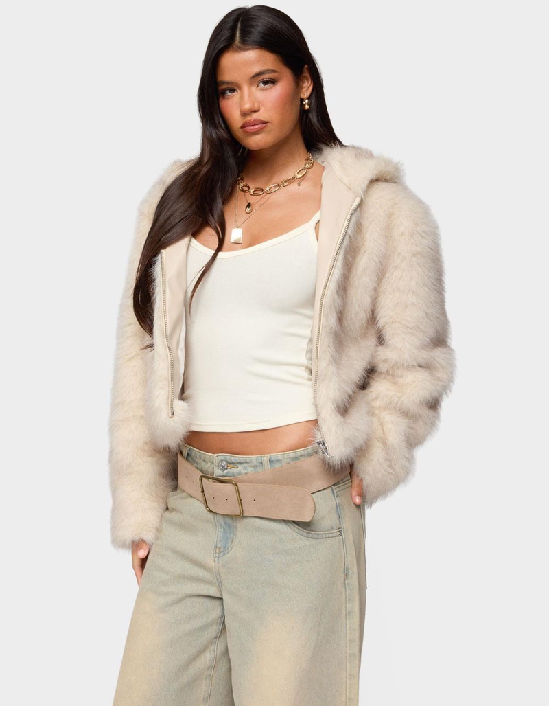 EDIKTED Beyonca Hooded Faux Fur Jacket image number 1