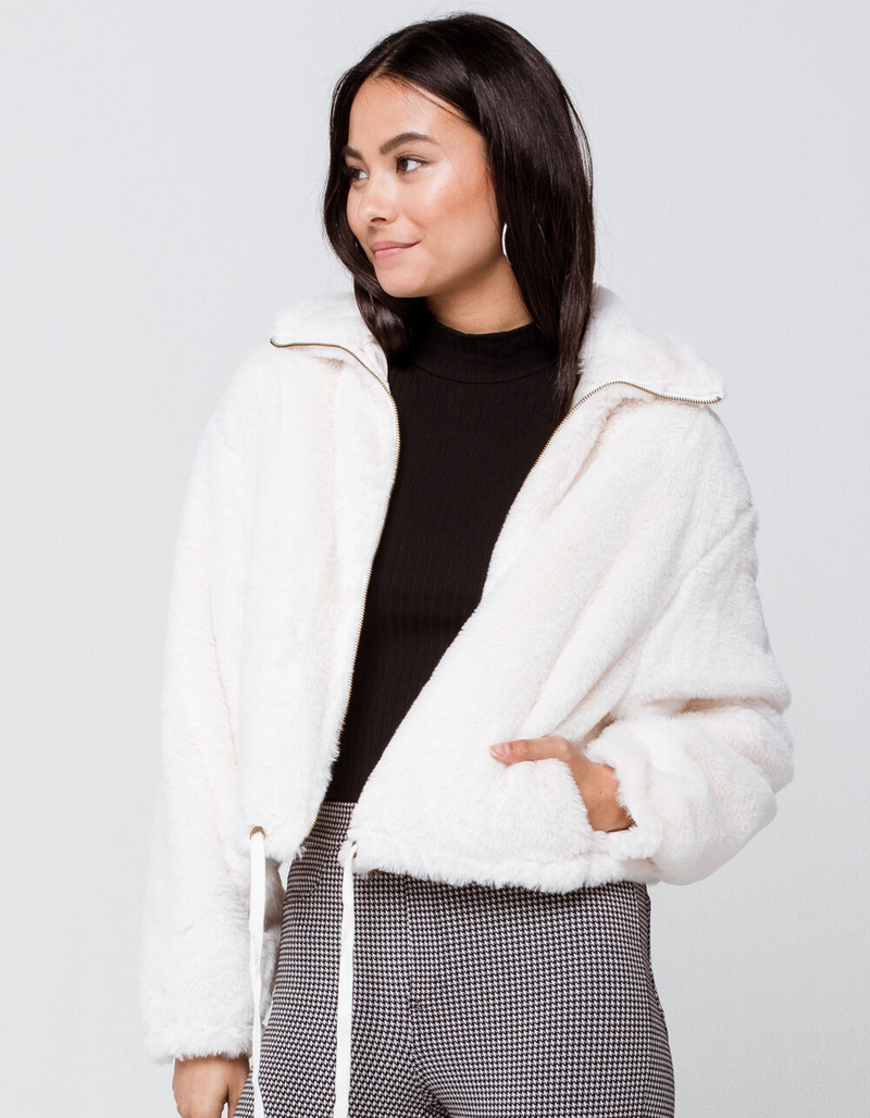 KNOW ONE CARES Fur Zip Womens Off White Jacket image number 1