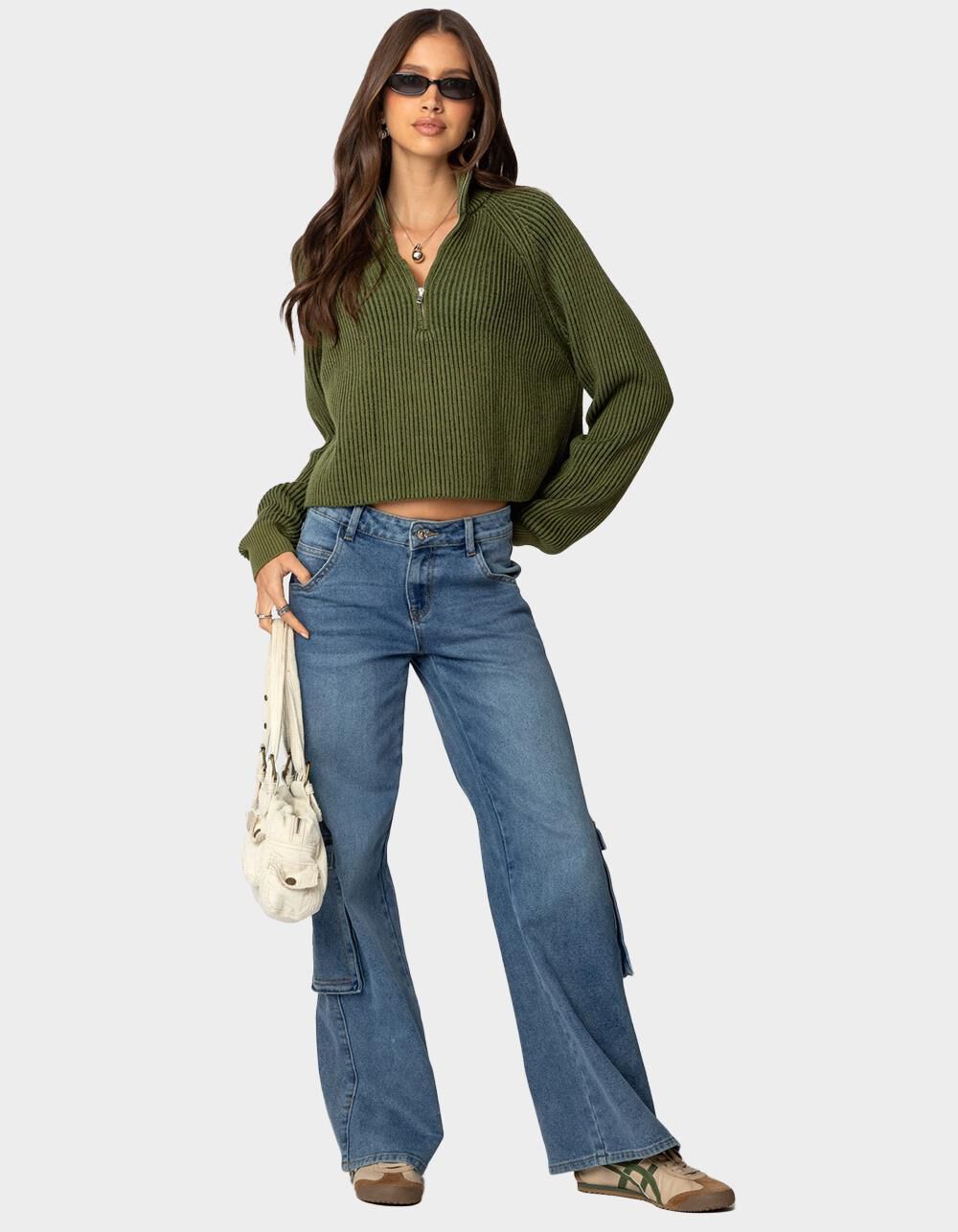 EDIKTED Cropped Rib Knit Half Zip Sweater - DK GREEN | Tillys