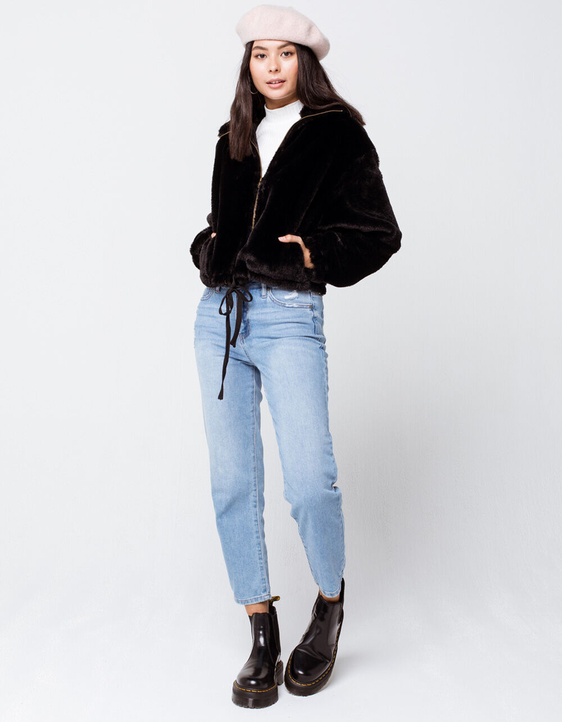 KNOW ONE CARES Fur Zip Womens Black Jacket image number 3