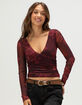 FULL TILT Floral Mesh Ruched Long Sleeve Womens Top image number 1