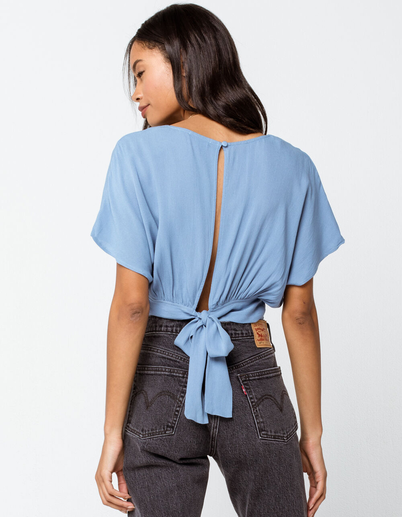 SKY AND SPARROW Solid Open Tie Back Womens Light Blue Top image number 1