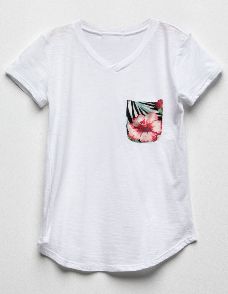 WHITE FAWN Tropical Print Girls Pocket Tee image number 0