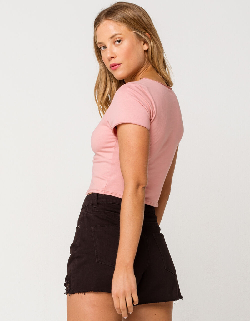 SKY AND SPARROW Solid V Neck Cinch Womens Pink Crop Tee image number 2
