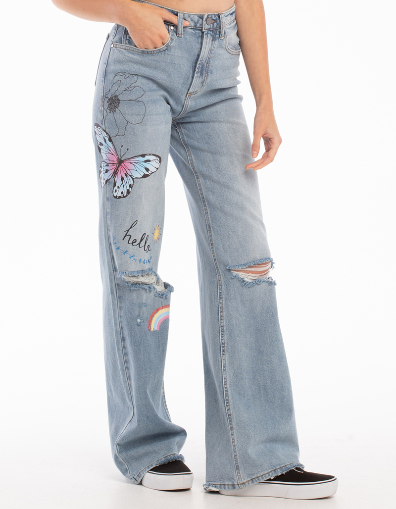 TINSELTOWN High Rise Graphic Wide Leg Jeans image number 1