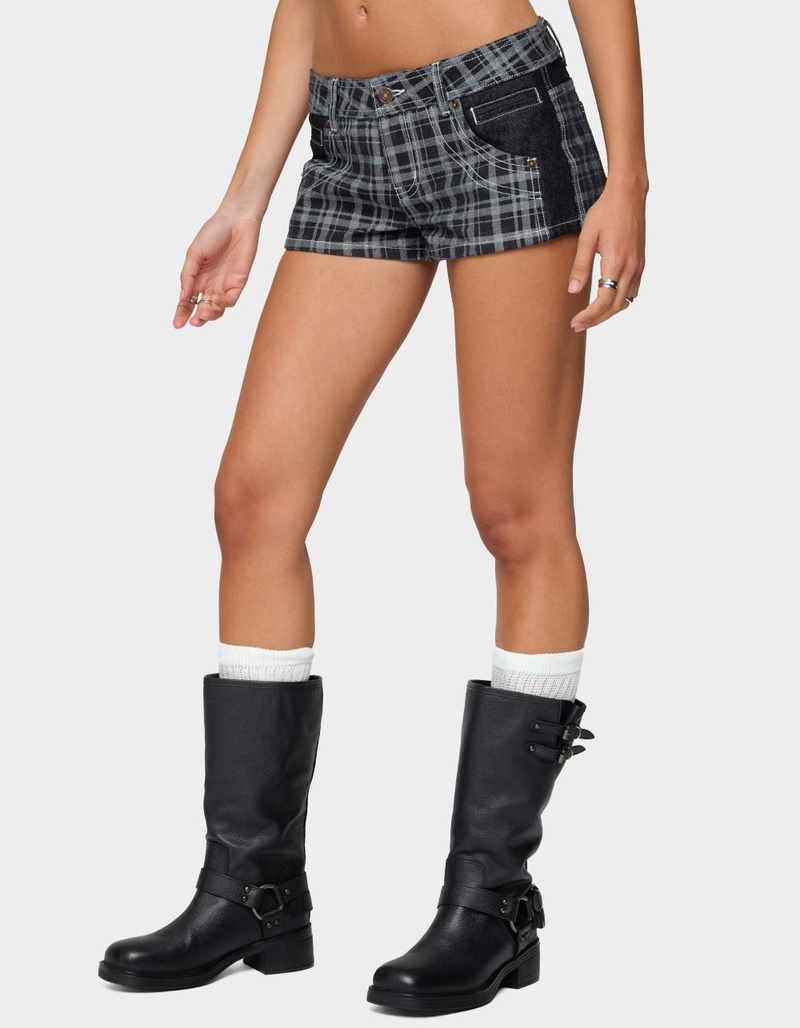 EDIKTED Carie Plaid Low Rise Denim Shorts image number 1