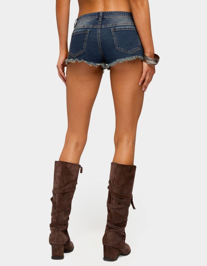 EDIKTED Distressed Hem Denim Micro Shorts image number 2