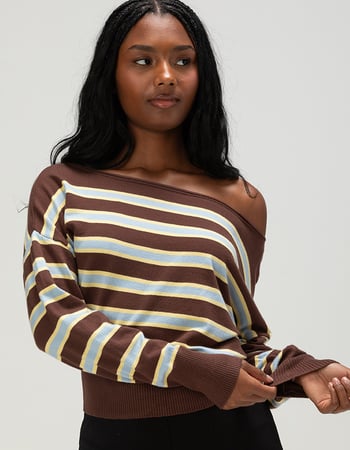 RSQ Womens Off The Shoulder Stripe Banded Bottom Sweater Alternative Image