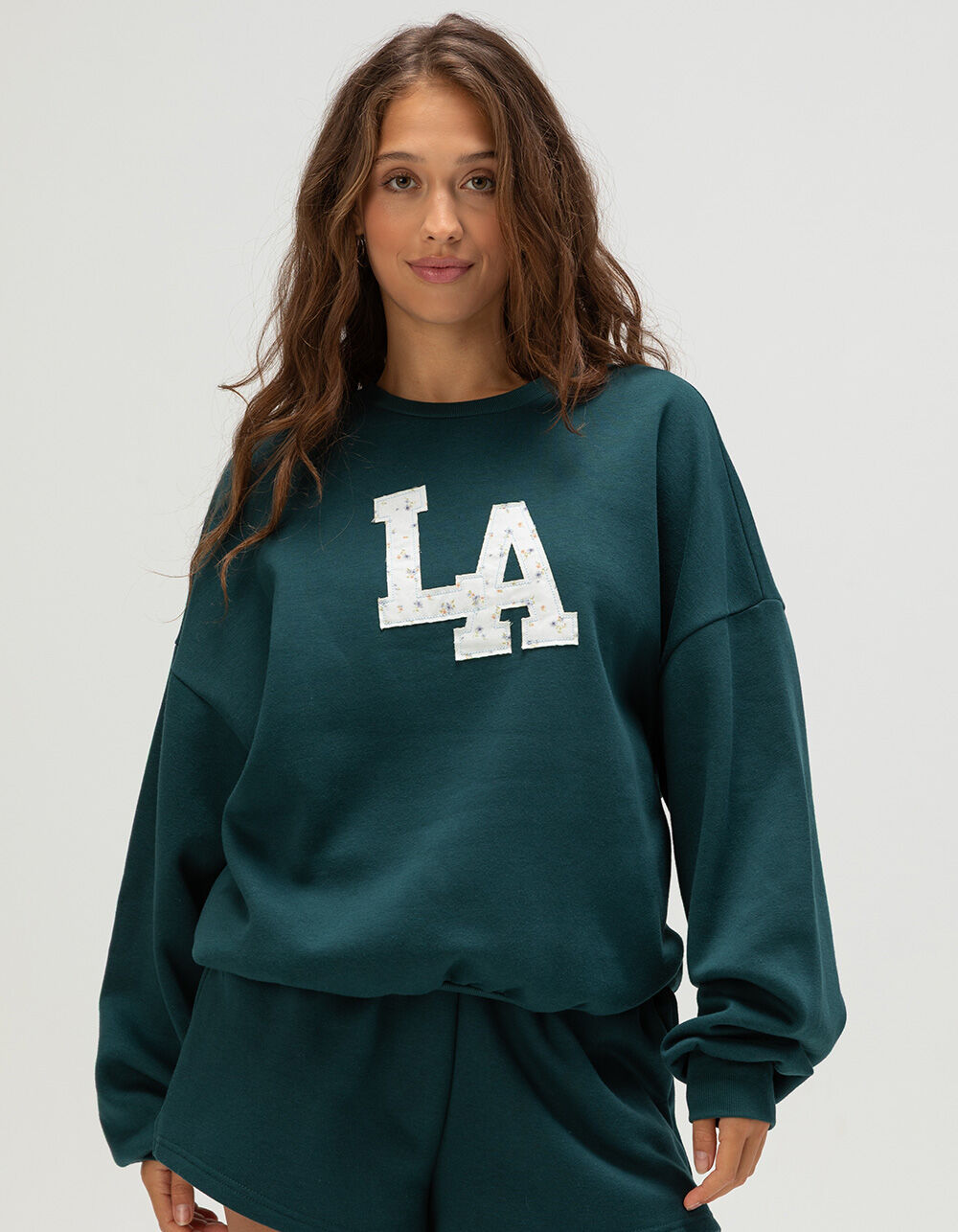 FULL TILT LA Patchwork Womens Crewneck Sweatshirt - DK GREEN | Tillys