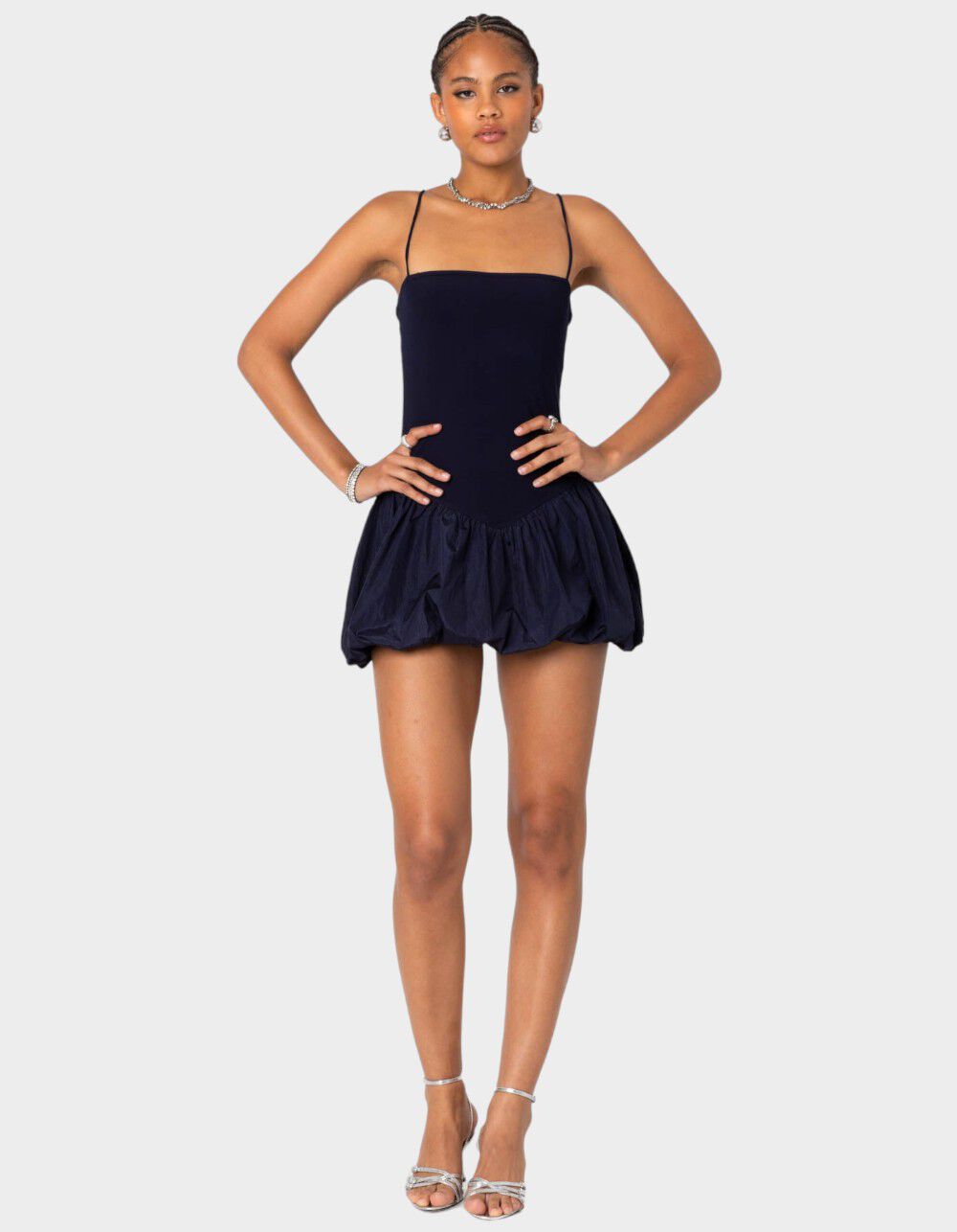 EDIKTED Ribbed Bubble Skirt Mini Dress - NAVY - XL | Tillys