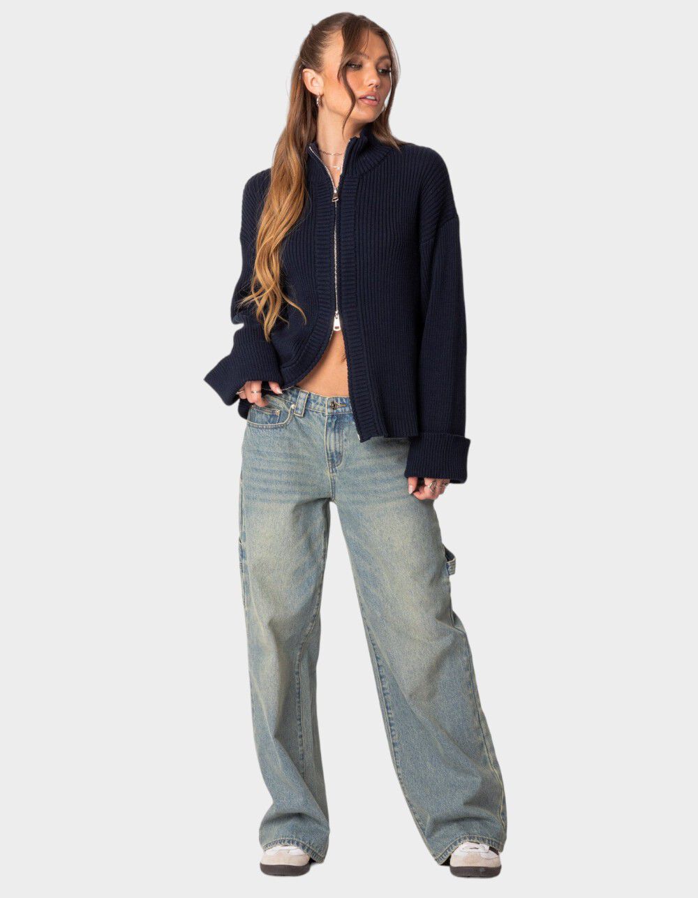 トップス DestructionDesign BigCardigan EDIKTED Oversized Zip Up Turtle Neck Cardigan - NAVY | Tillys