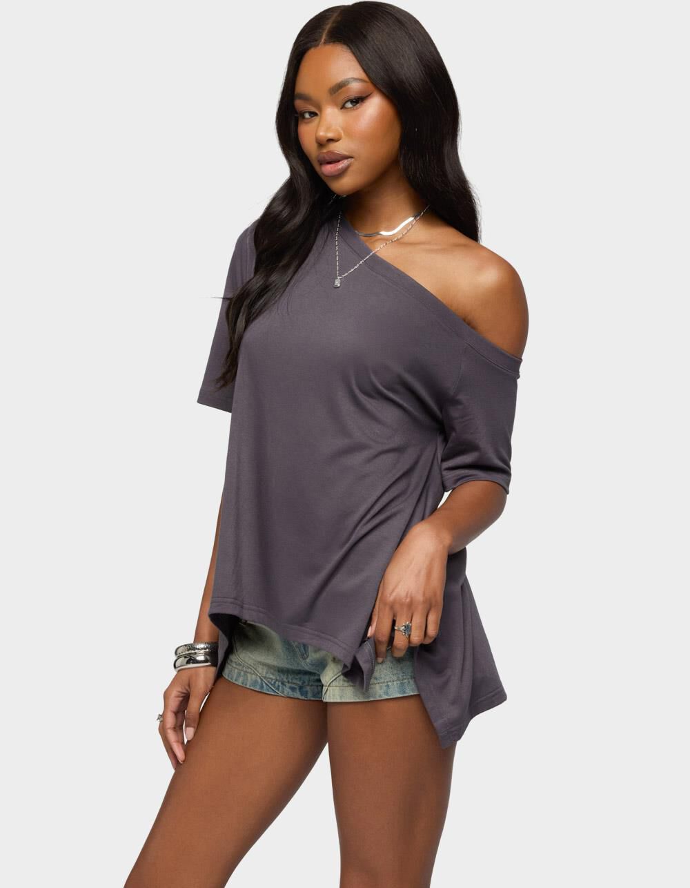 EDIKTED Josy Off Shoulder Handkerchief Top - DARK GRAY | Tillys