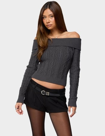 EDIKTED Leta Off Shoulder Cable Knit Sweater Primary Image