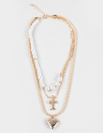 FULL TILT Layered Cross/Pearl Heart Necklace Primary Image