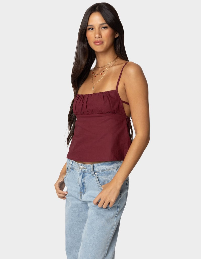 EDIKTED Linen Look Open Back Top DK RED Tillys