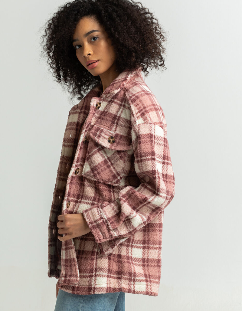 LOVE TREE Plaid Sherpa Womens Shacket image number 1