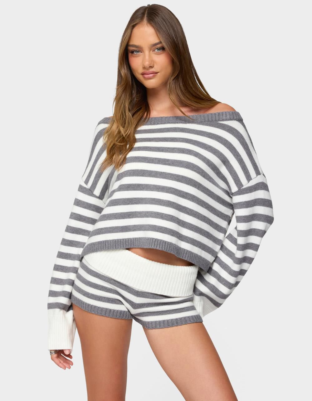 EDIKTED Saphi Striped Foldover Knit Shorts - GRAY | Tillys
