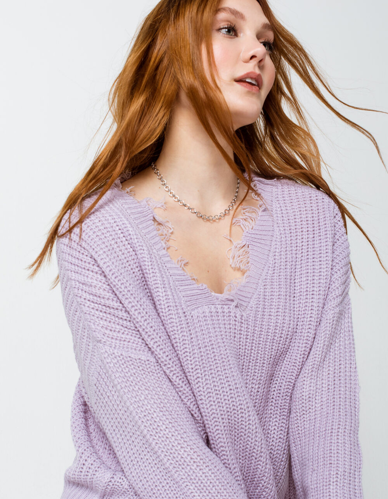 POLLY & ESTHER Raw Edge Womens Lavender Sweater image number 0