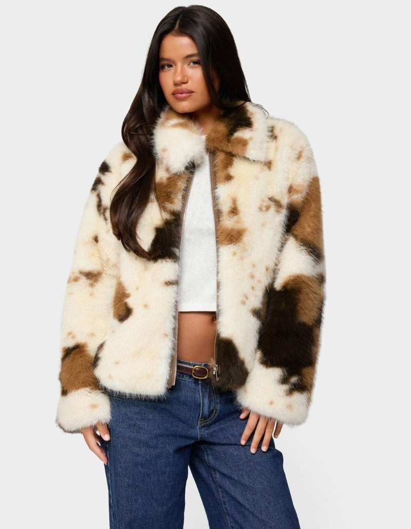 EDIKTED Rayan Cow Print Faux Fur Jacket image number 0