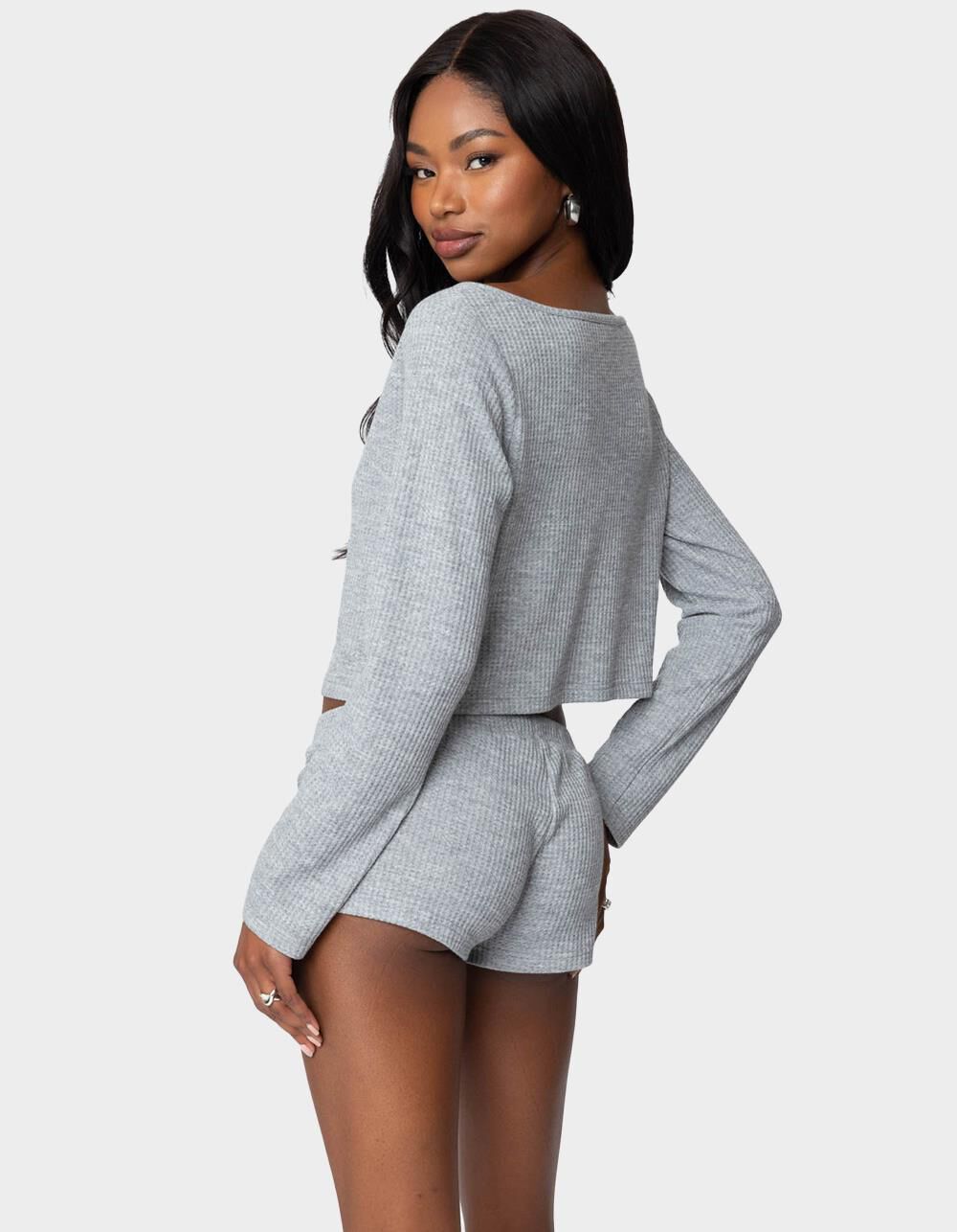 EDIKTED Teddy Cropped Waffle Top - GRAY | Tillys