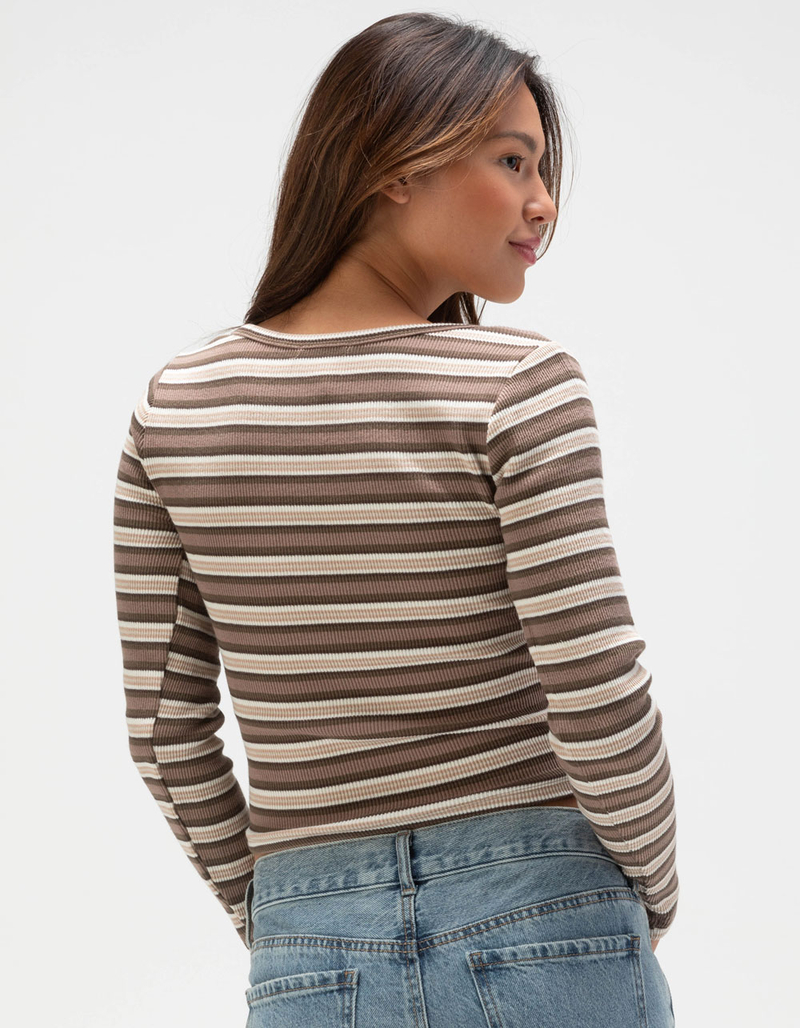 FULL TILT Notch Neck Stripe Womens Long Sleeve Rib Top image number 3