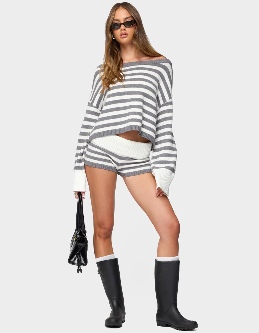 EDIKTED Saphi Striped Foldover Knit Shorts - GRAY | Tillys