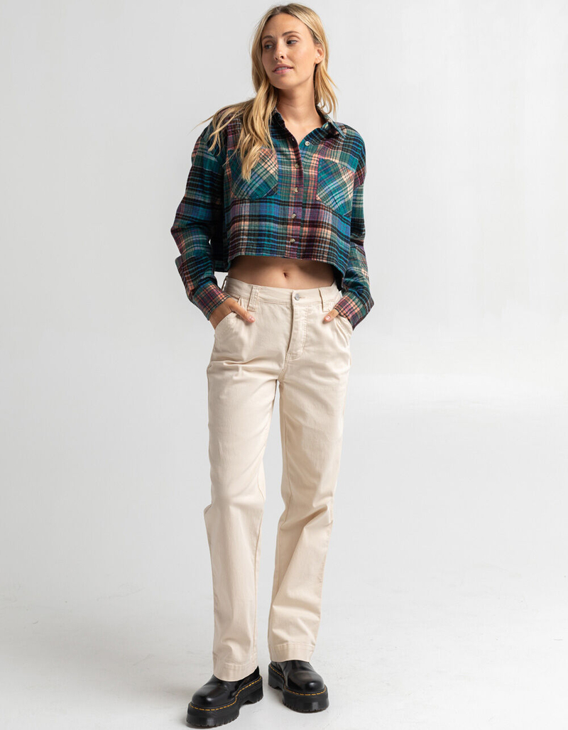 RSQ Womens Jewel Tone Plaid Crop Flannel image number 3