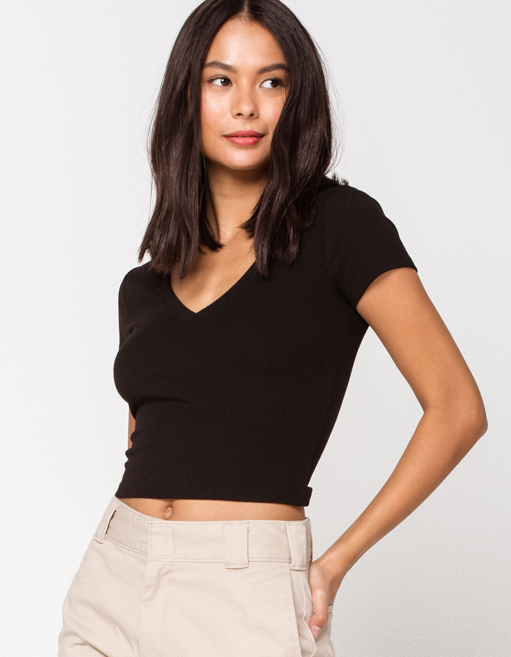 DESTINED Ribbed V-Neck Womens Crop Tee 
