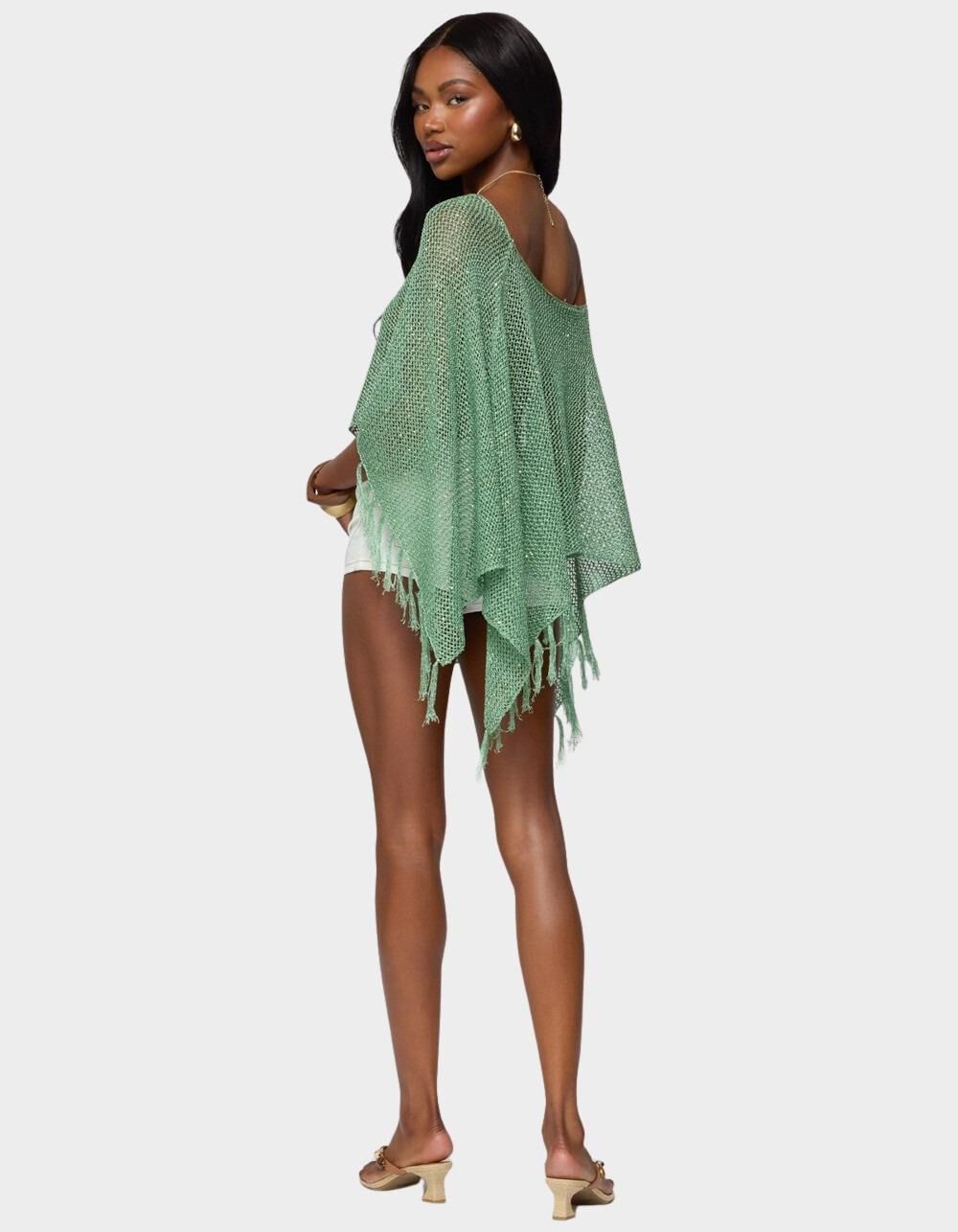 EDIKTED Sequin Fringe Knit Poncho - GREEN - M/L | Tillys