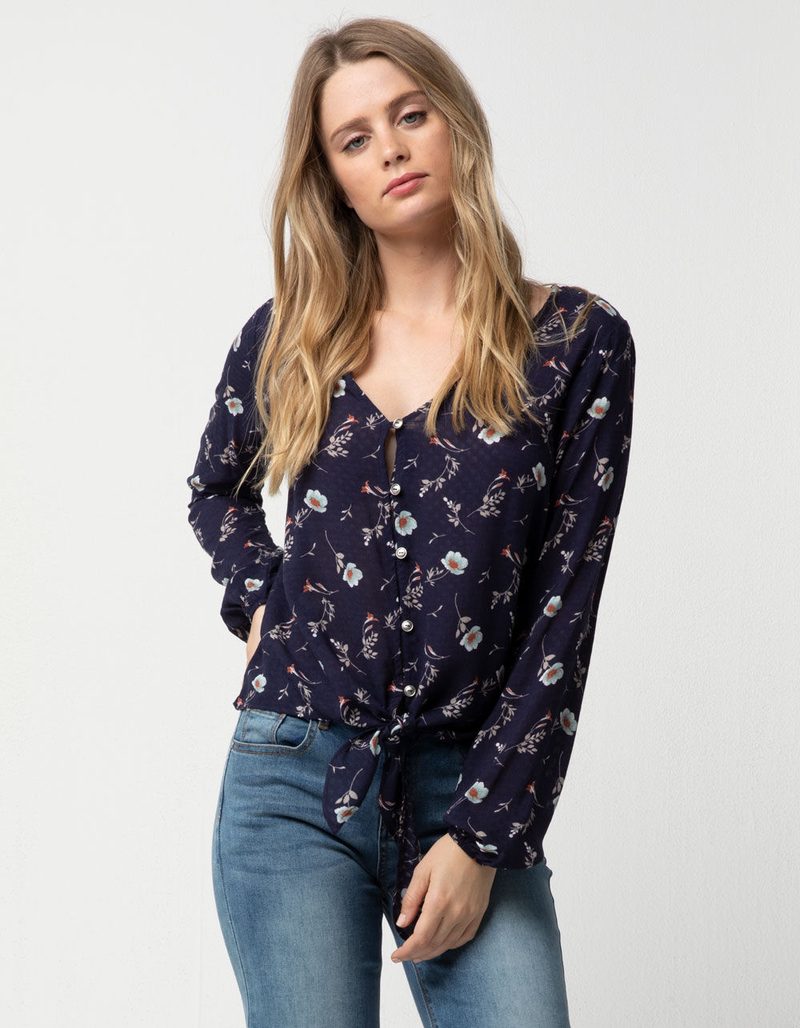 SKY AND SPARROW Button Front Floral Tie Front Womens Top image number 0