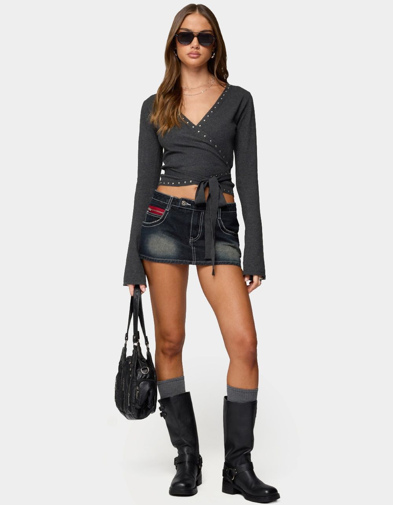 EDIKTED Jakari Contrast Stitch Denim Mini Skort image number 4