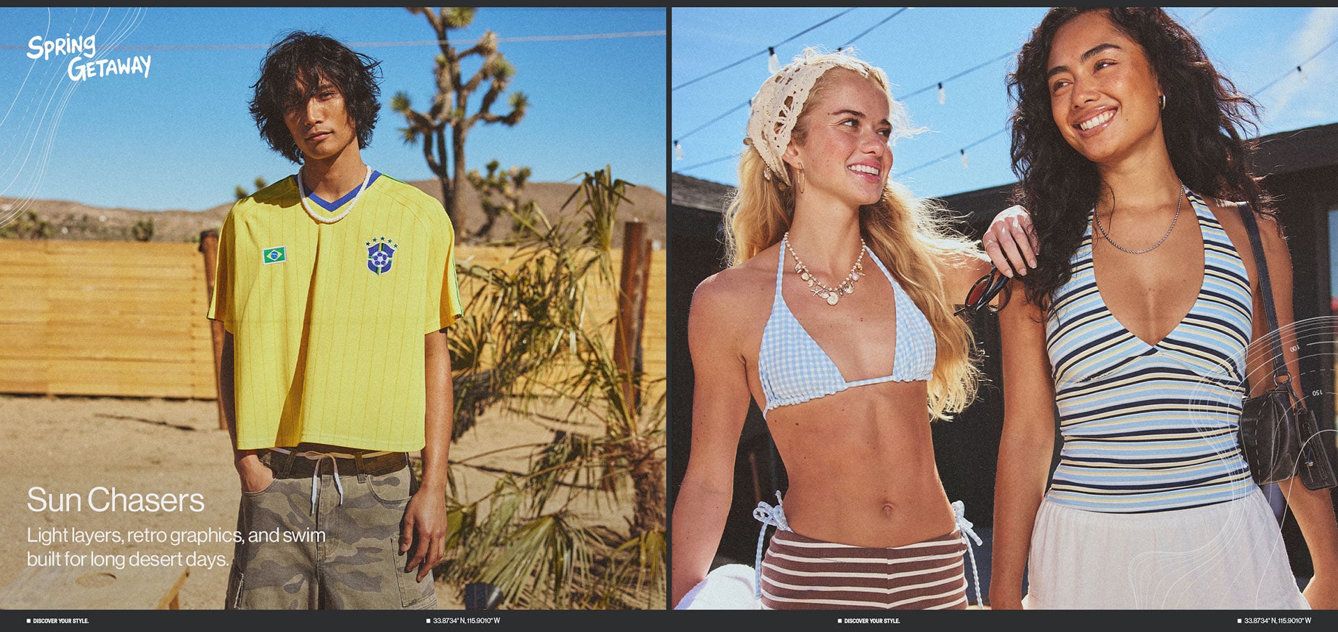 Spring Getaway Sun Chasers Light layers, retro graphics, and swim built for long desert days.