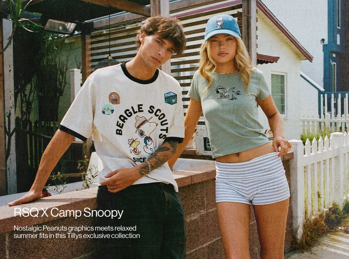 RSQ x Camp Snoopy Nostalgic Peanuts graphics meets relaxed summer fits in this Tillys exclusive collection