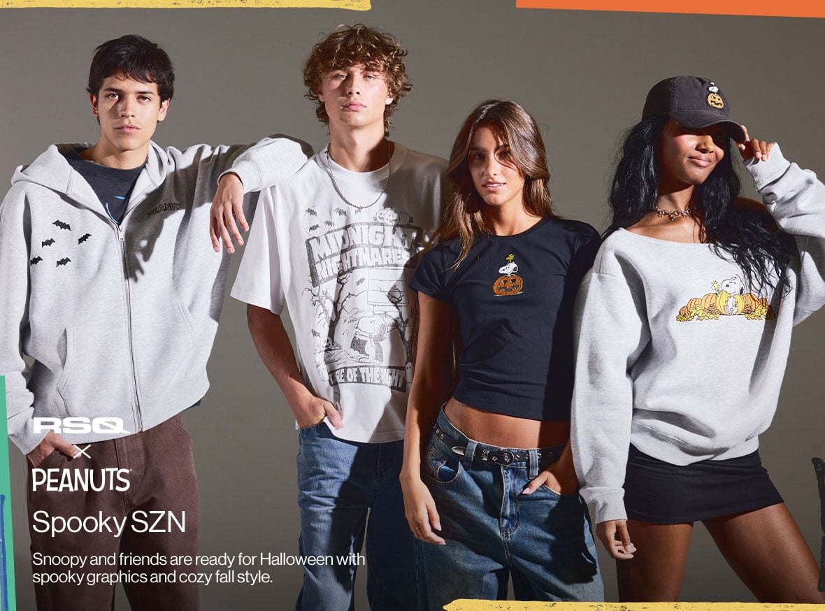 RSQ x Peanuts Spooky SZN Snoopy and friends are ready for Halloween with spooky graphics and cozy fall style.